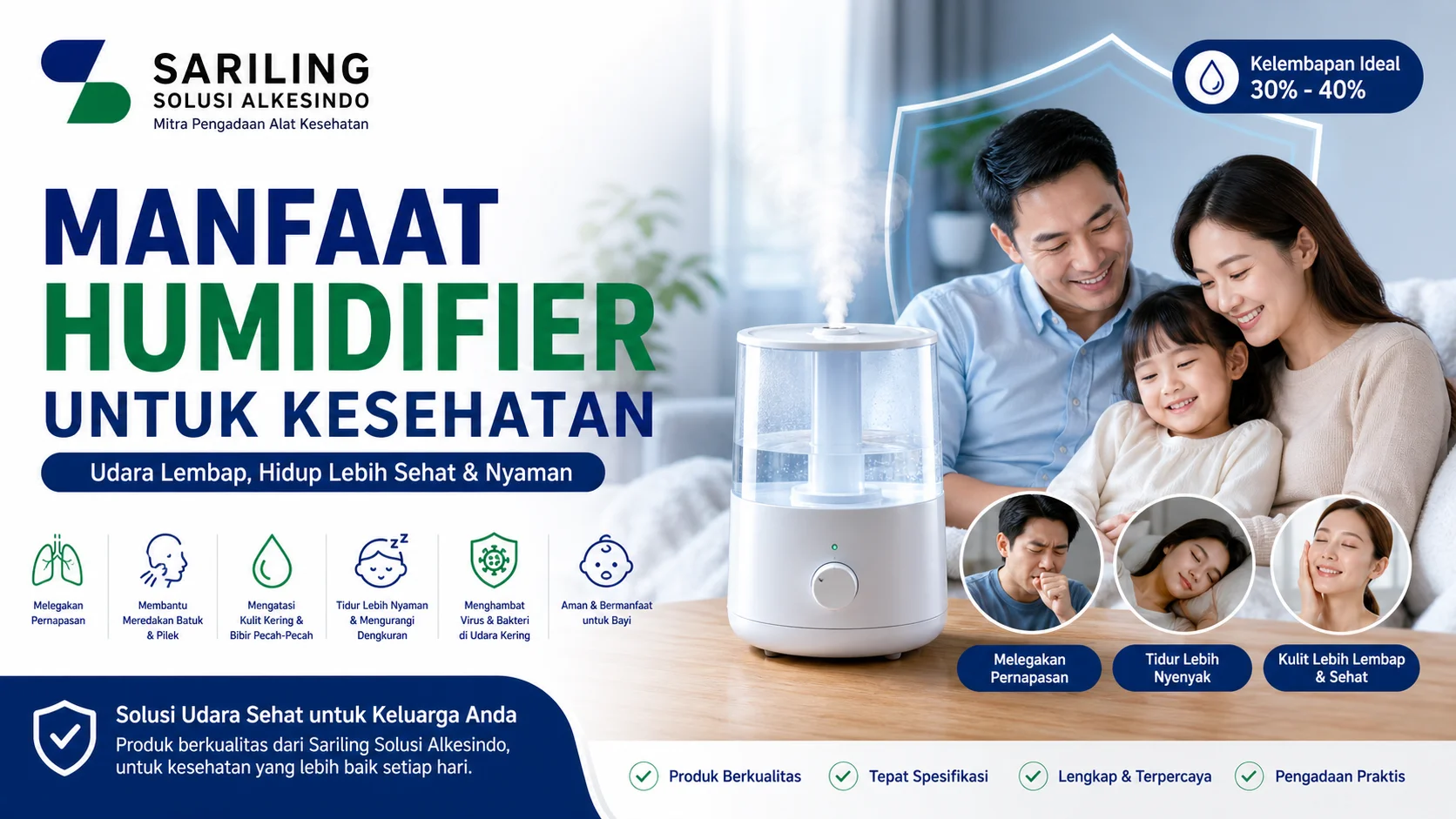 **Alt Text:** Banner manfaat humidifier untuk kesehatan dari Sariling Solusi Alkesindo membantu menjaga kelembapan udara ideal, meredakan batuk dan pilek, serta meningkatkan kualitas tidur dan kesehatan keluarga