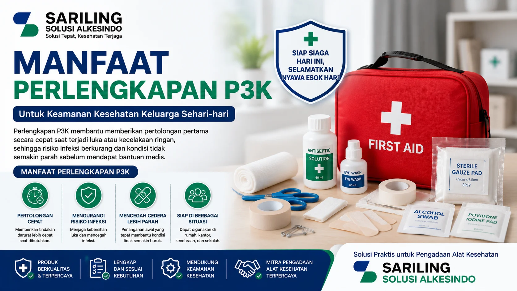 Alt text: Feature image manfaat perlengkapan P3K dari Sariling Solusi Alkesindo menampilkan kotak P3K merah lengkap dengan antiseptik, kasa steril, plester, dan perlengkapan medis darurat untuk keamanan kesehatan keluarga dalam desain profesional ukuran 16:9 bernuansa biru dan hijau.
