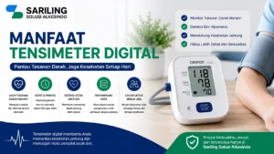 Feature image manfaat tensimeter digital dari Sariling Solusi Alkesindo menampilkan berbagai tensimeter digital modern untuk monitor tekanan darah harian dengan desain profesional format 16:9 bernuansa biru dan hijau serta fokus pada kesehatan keluarga dan lansia.