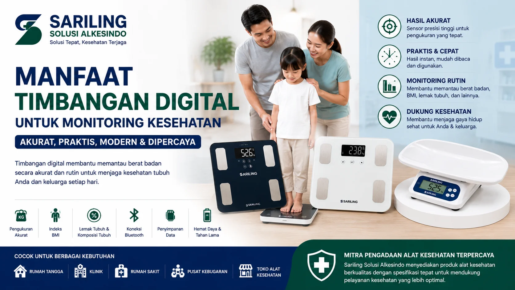 Feature image manfaat timbangan digital dari Sariling Solusi Alkesindo menampilkan keluarga menggunakan timbangan kesehatan digital modern lengkap dengan fitur BMI, monitoring berat badan, dan timbangan bayi elektronik dalam desain profesional hijau biru ukuran 16:9 untuk kebutuhan rumah tangga, klinik, dan rumah sakit.