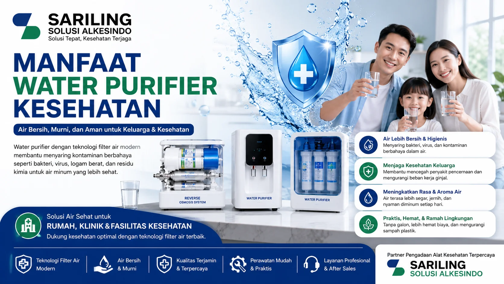 Feature image manfaat water purifier kesehatan dari Sariling Solusi Alkesindo menampilkan mesin water purifier modern dengan teknologi filter air RO dan keluarga sehat yang menikmati air bersih, higienis, dan aman dalam desain profesional ukuran 16:9 bernuansa biru dan hijau.