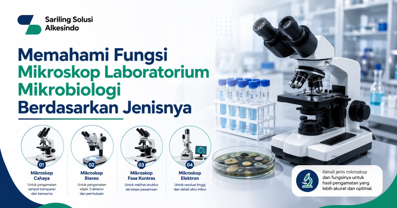 Infografis panduan Fungsi Mikroskop Laboratorium Mikrobiologi berdasarkan jenisnya dari Sariling Solusi Alkesindo, menampilkan perbedaan Mikroskop Cahaya, Mikroskop Stereo, Mikroskop Fase Kontras, dan Mikroskop Elektron untuk hasil pengamatan sampel mikroorganisme yang akurat.