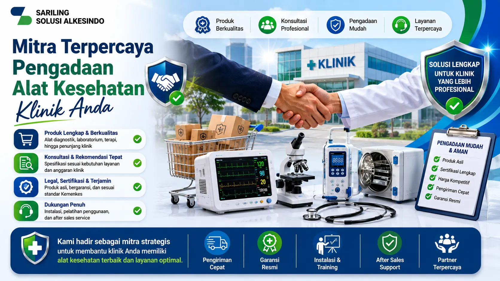 Banner mitra terpercaya pengadaan alat kesehatan klinik dengan ilustrasi tenaga medis, alat diagnostik, patient monitor, mikroskop, dan layanan konsultasi pengadaan medis profesional.