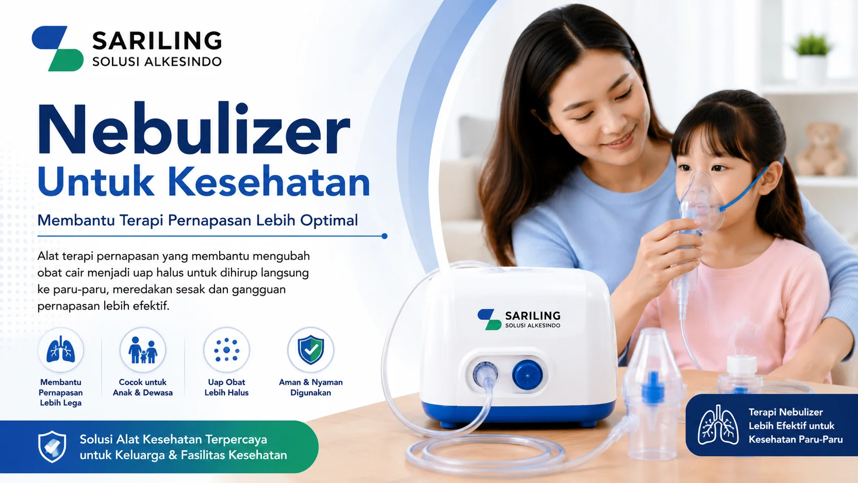 Feature image nebulizer untuk kesehatan dari Sariling Solusi Alkesindo menampilkan ibu dan anak menggunakan nebulizer medis dengan desain profesional bernuansa biru putih, lengkap dengan alat terapi pernapasan dan informasi manfaat nebulizer dalam format landscape 16:9.