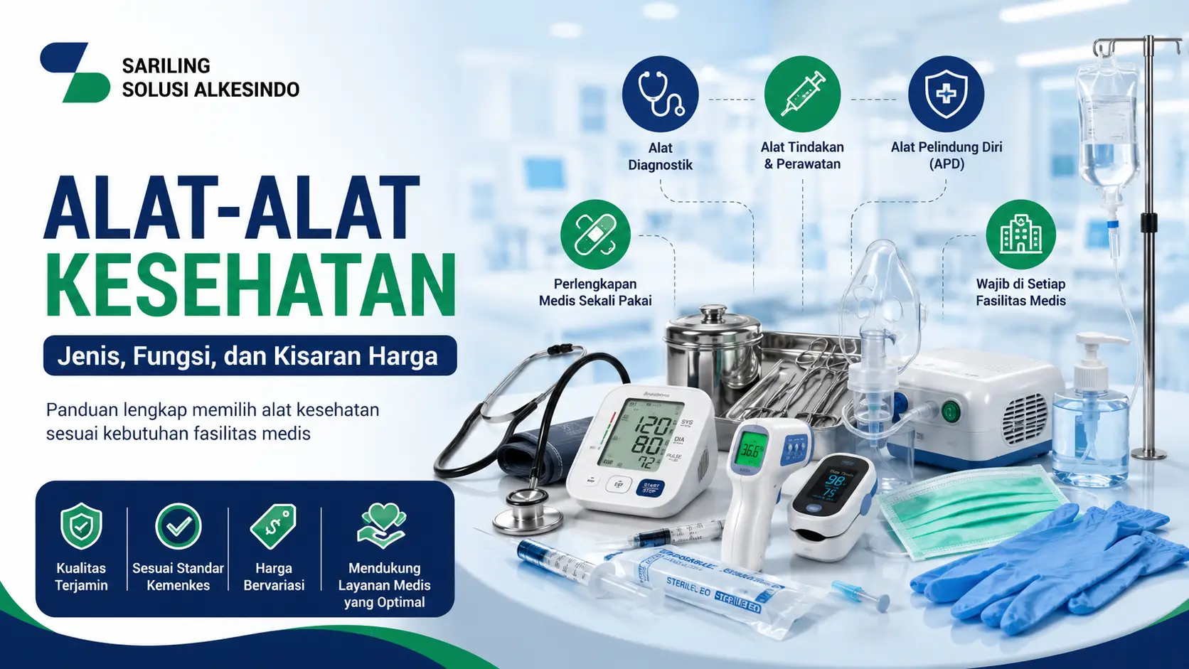 Banner alat-alat kesehatan dengan ilustrasi stetoskop, tensimeter, nebulizer, pulse oximeter, syringe, masker medis, dan perlengkapan medis untuk fasilitas kesehatan.