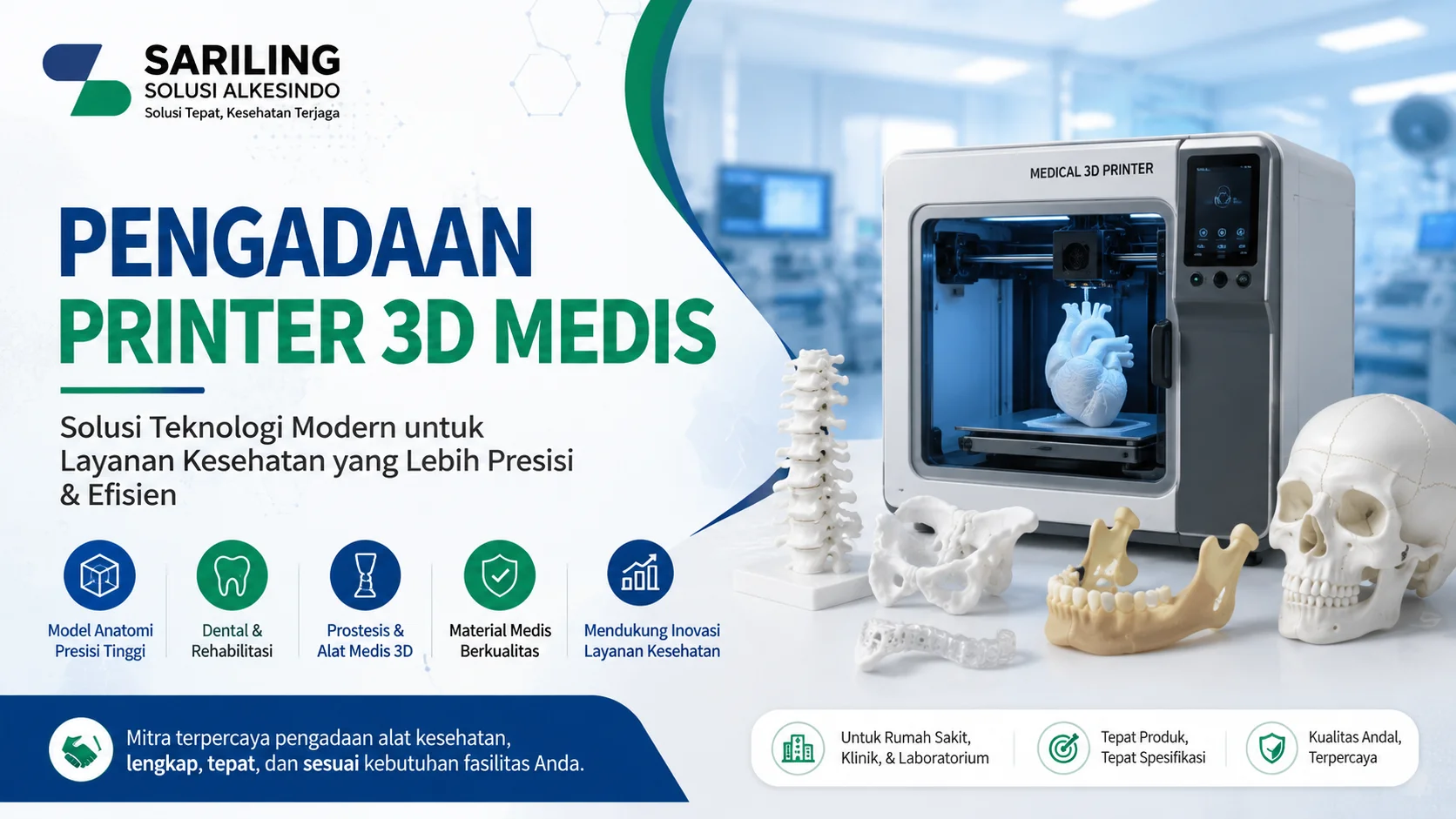 Alt text: Banner pengadaan printer 3D medis dari Sariling Solusi Alkesindo menampilkan mesin printer 3D medis modern dengan model anatomi seperti tengkorak, tulang belakang, dan prostesis untuk kebutuhan rumah sakit, klinik, dan laboratorium dalam desain profesional bernuansa biru dan hijau.