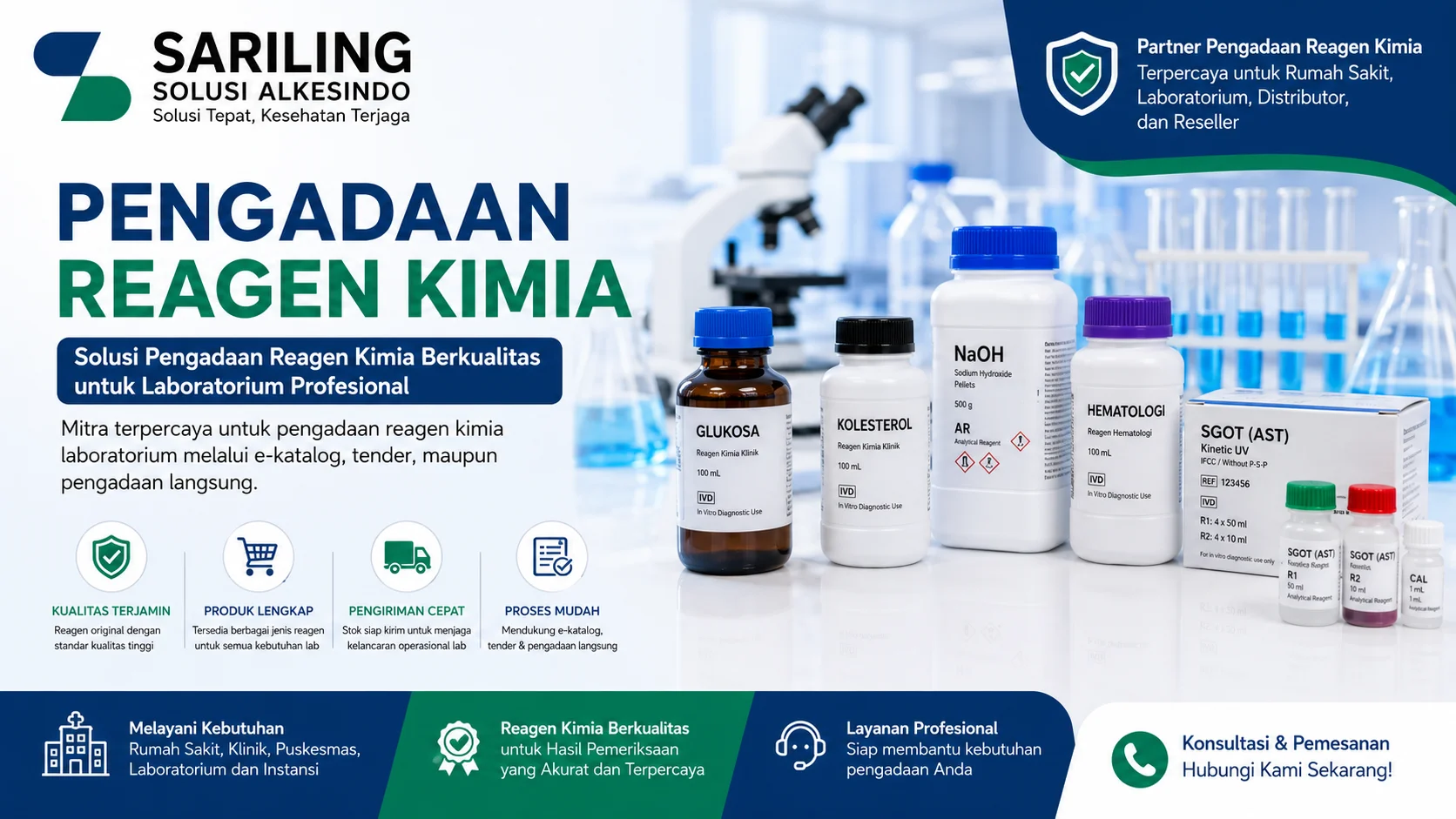 Banner pengadaan reagen kimia dari Sariling Solusi Alkesindo menampilkan berbagai botol reagen laboratorium seperti glukosa, kolesterol, NaOH, hematologi, dan kit SGOT dengan latar laboratorium modern untuk kebutuhan rumah sakit, laboratorium, distributor, dan reseller dalam desain profesional bernuansa biru dan hijau.