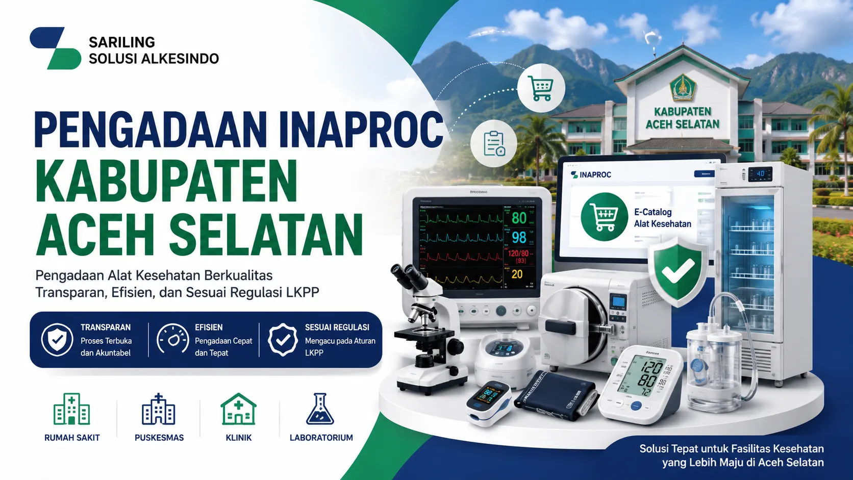 Banner pengadaan Inaproc Kabupaten Aceh Selatan dengan ilustrasi alat kesehatan seperti patient monitor, mikroskop, autoclave, nebulizer, dan vaccine refrigerator untuk fasilitas kesehatan daerah.
