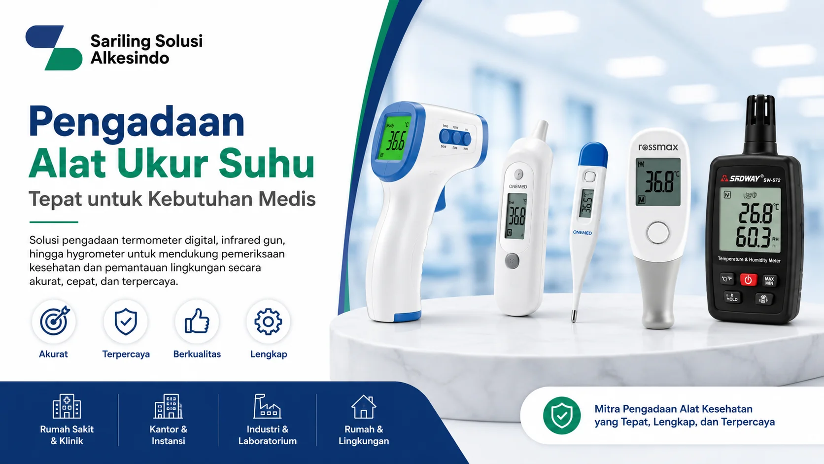Banner pengadaan alat ukur suhu dengan termometer digital, infrared gun, dan hygrometer dari Sariling Solusi Alkesindo