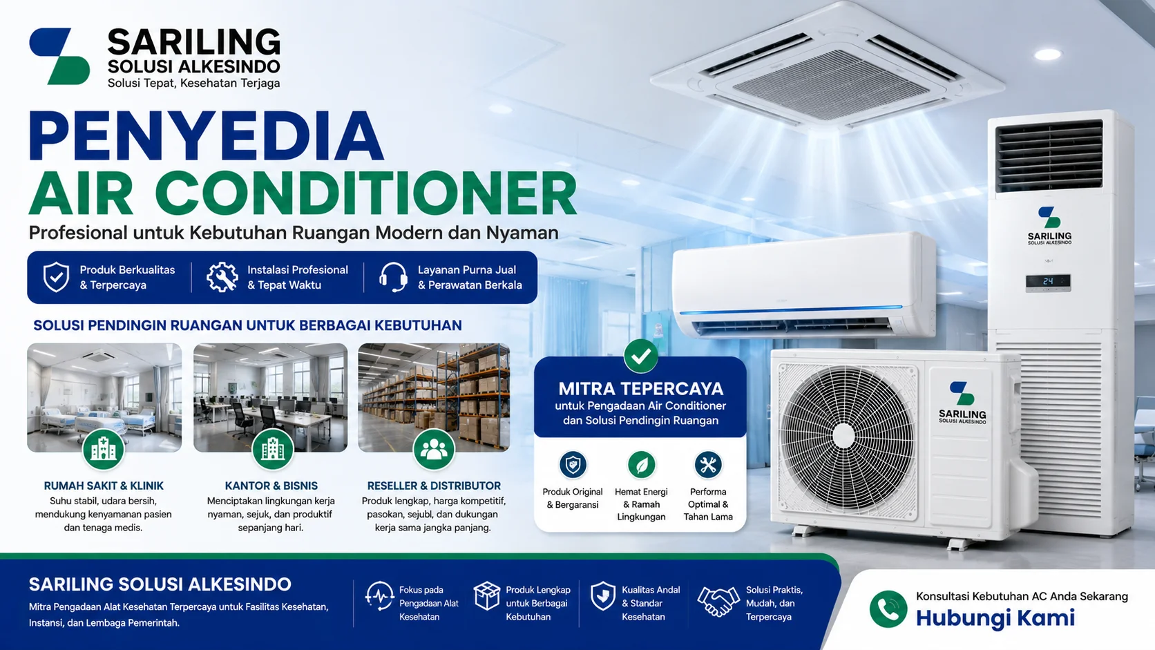 Feature image penyedia Air Conditioner dari Sariling Solusi Alkesindo menampilkan berbagai unit AC modern untuk rumah sakit, kantor, dan distributor dengan layanan instalasi profesional serta teknologi pendingin ruangan hemat energi dalam desain 16:9 bernuansa biru dan hijau.