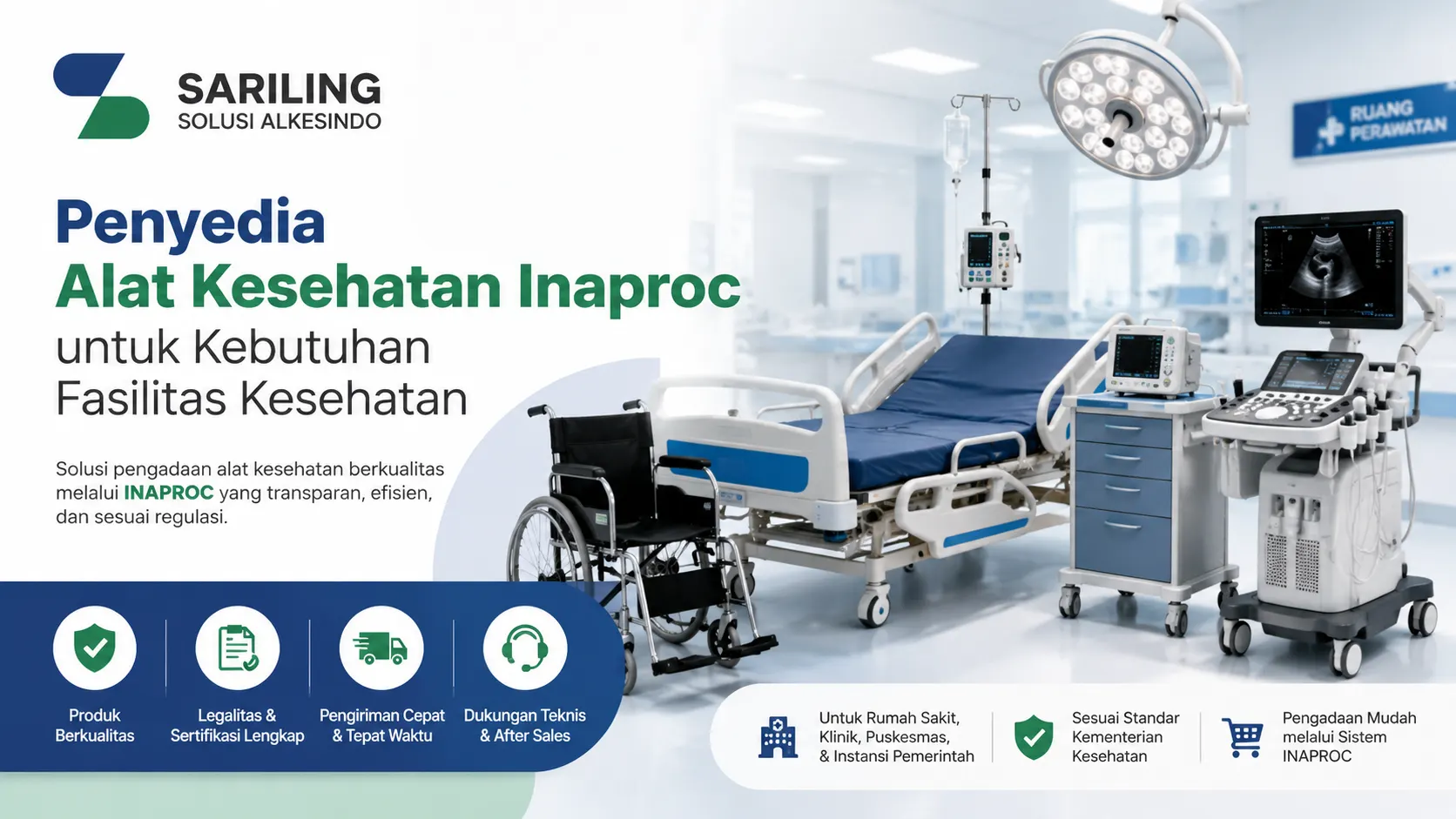 Gambar penyedia alat kesehatan INAPROC dengan perlengkapan rumah sakit modern seperti hospital bed, monitor pasien, dan alat USG di fasilitas kesehatan profesional.