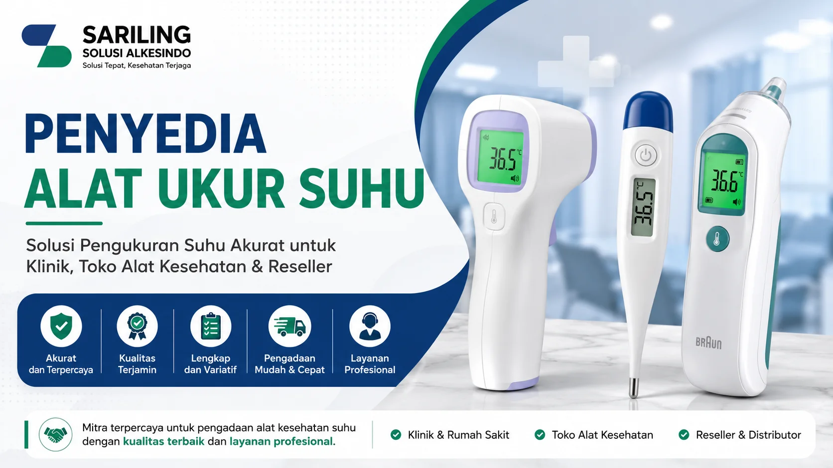Alt text: Banner pengadaan alat ukur suhu dari Sariling Solusi Alkesindo menampilkan beberapa termometer digital dan inframerah untuk kebutuhan klinik, toko alat kesehatan, dan reseller dengan desain profesional bernuansa biru dan hijau.