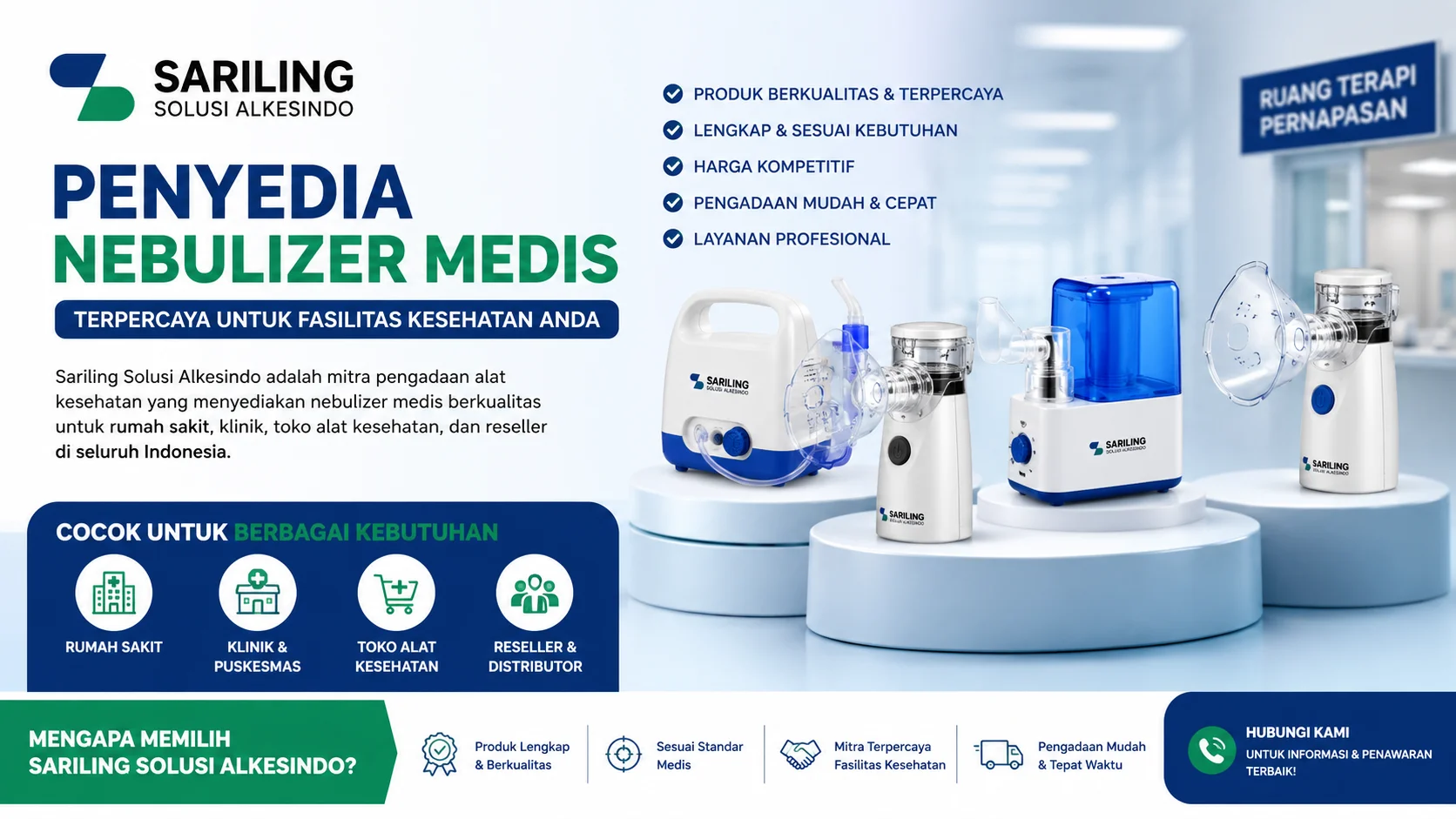 Alt text: Feature image penyedia nebulizer medis dari Sariling Solusi Alkesindo menampilkan berbagai jenis nebulizer medis modern untuk rumah sakit, klinik, reseller, dan toko alat kesehatan dengan desain profesional bernuansa biru hijau dalam format landscape 16:9.