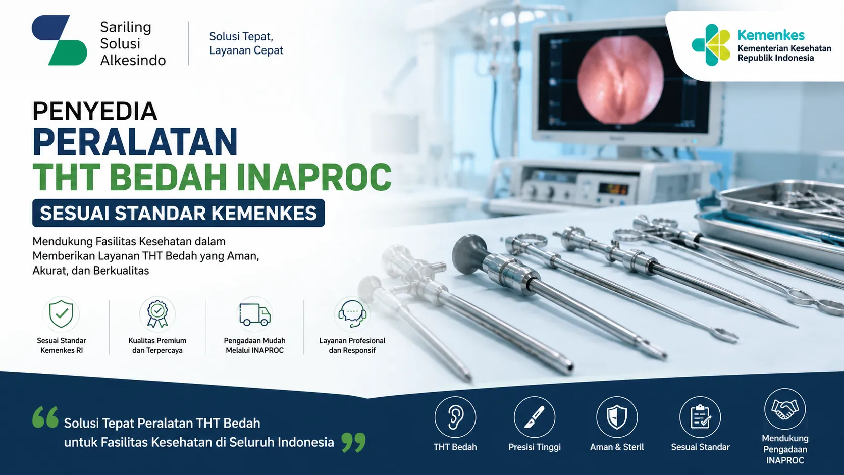 layanan Penyedia Peralatan THT Bedah Inaproc dari Sariling Solusi Alkesindo sesuai standar Kemenkes RI, menampilkan berbagai instrumen bedah telinga hidung tenggorok (THT) yang presisi, aman, dan steril untuk kebutuhan fasilitas kesehatan melalui sistem pengadaan katalog elektronik INAPROC.