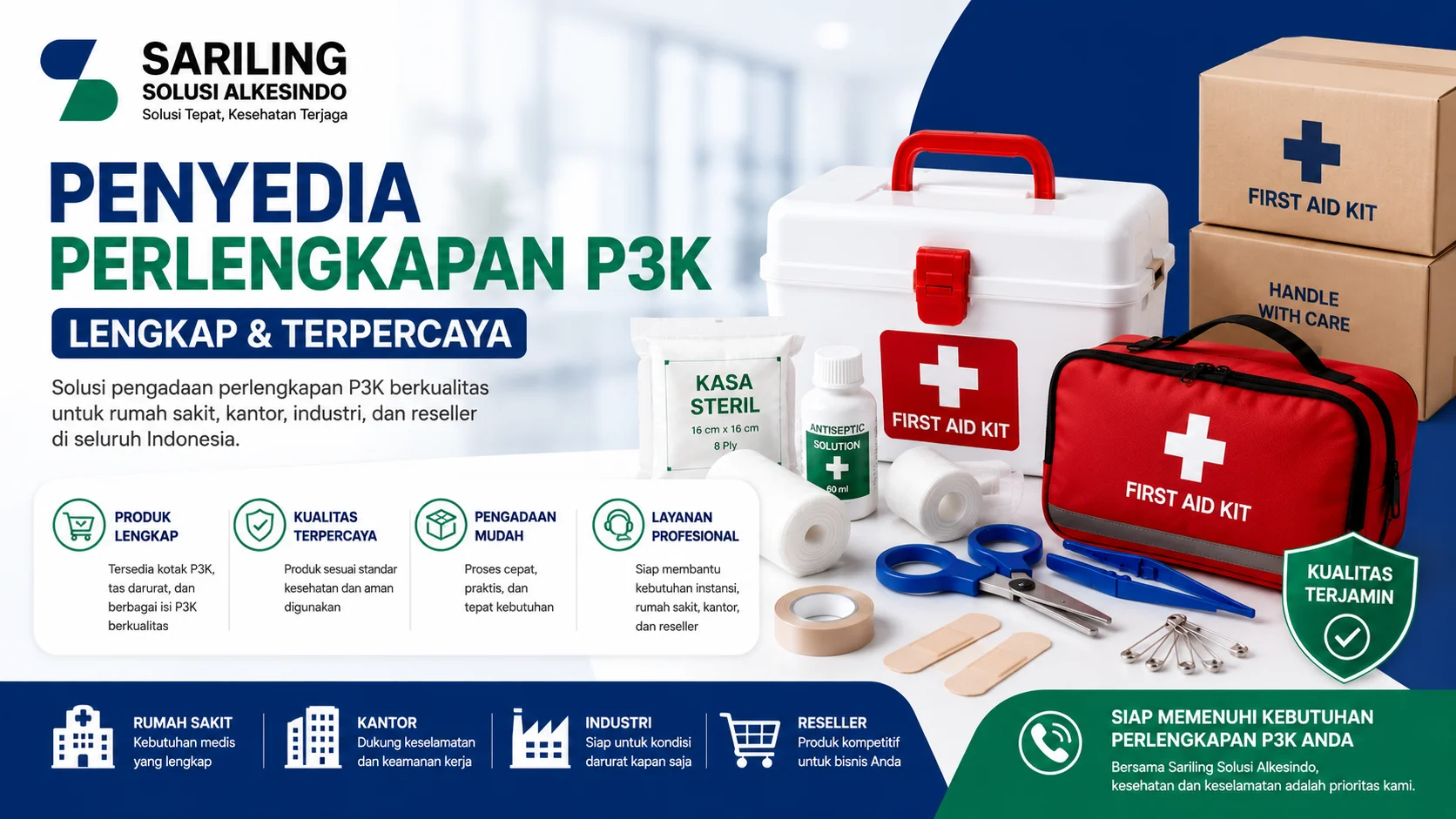 Feature image penyedia perlengkapan P3K dari Sariling Solusi Alkesindo menampilkan kotak P3K, tas first aid kit, kasa steril, antiseptik, dan perlengkapan medis darurat lengkap untuk rumah sakit, kantor, industri, dan reseller dalam desain profesional ukuran 16:9 bernuansa biru dan hijau.