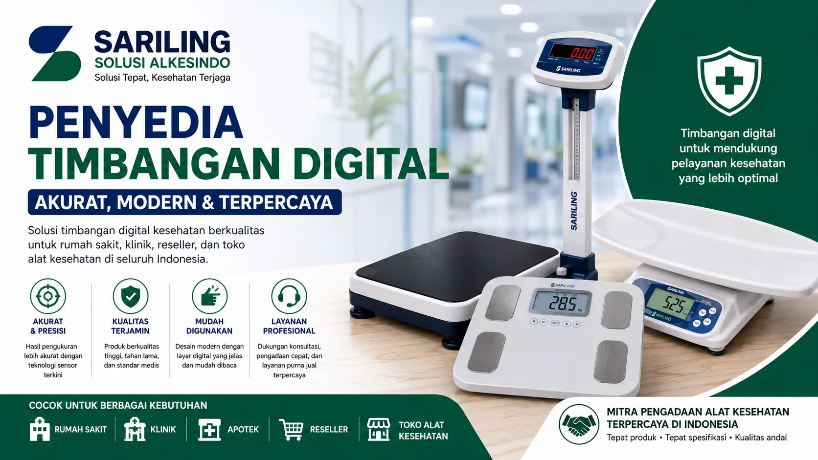 Feature image penyedia timbangan digital dari Sariling Solusi Alkesindo menampilkan berbagai produk timbangan kesehatan digital modern seperti timbangan badan, timbangan bayi, dan timbangan medis profesional dengan desain hijau biru ukuran 16:9 untuk rumah sakit, klinik, reseller, dan toko alat kesehatan.