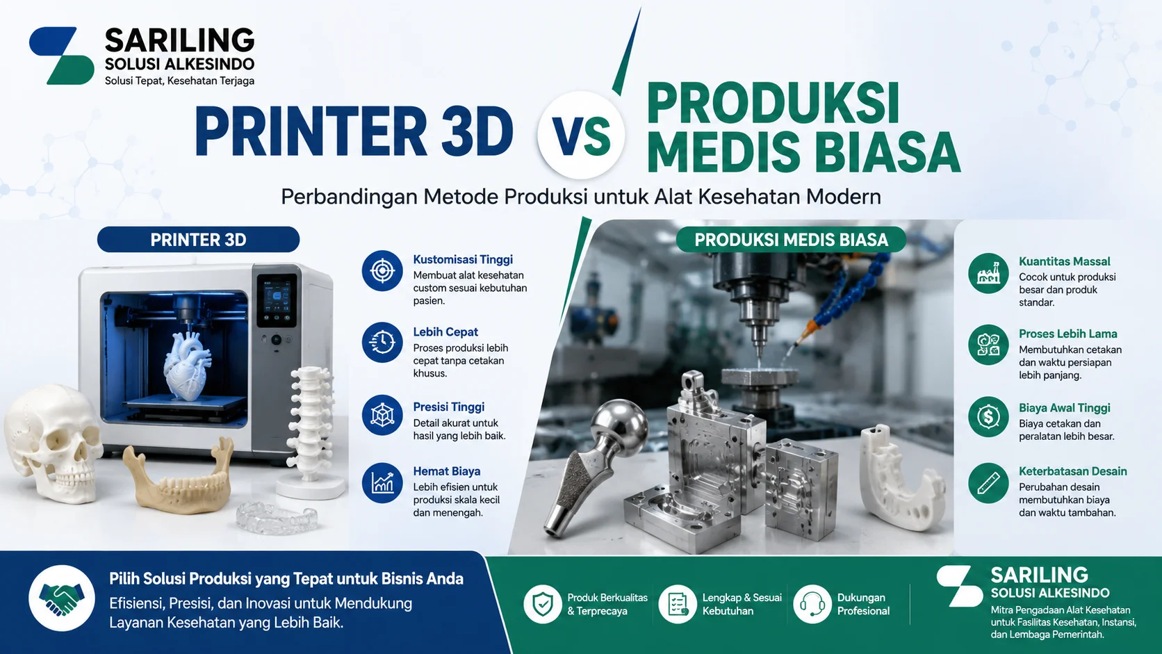 Infografis perbandingan printer 3D vs produksi medis biasa dari Sariling Solusi Alkesindo menampilkan printer 3D medis modern, model anatomi kesehatan, serta proses produksi konvensional untuk alat kesehatan dengan desain profesional bernuansa biru dan hijau.