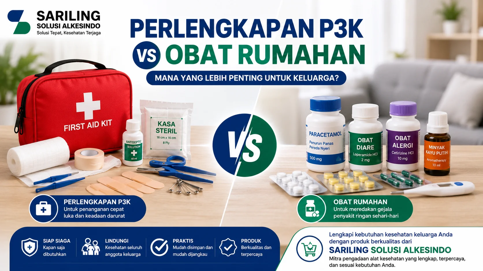 Feature image perbandingan perlengkapan P3K vs obat rumahan dari Sariling Solusi Alkesindo menampilkan first aid kit lengkap dengan alat medis darurat dan berbagai obat rumahan seperti paracetamol, obat diare, serta obat alergi dalam desain profesional ukuran 16:9 bernuansa biru dan hijau.