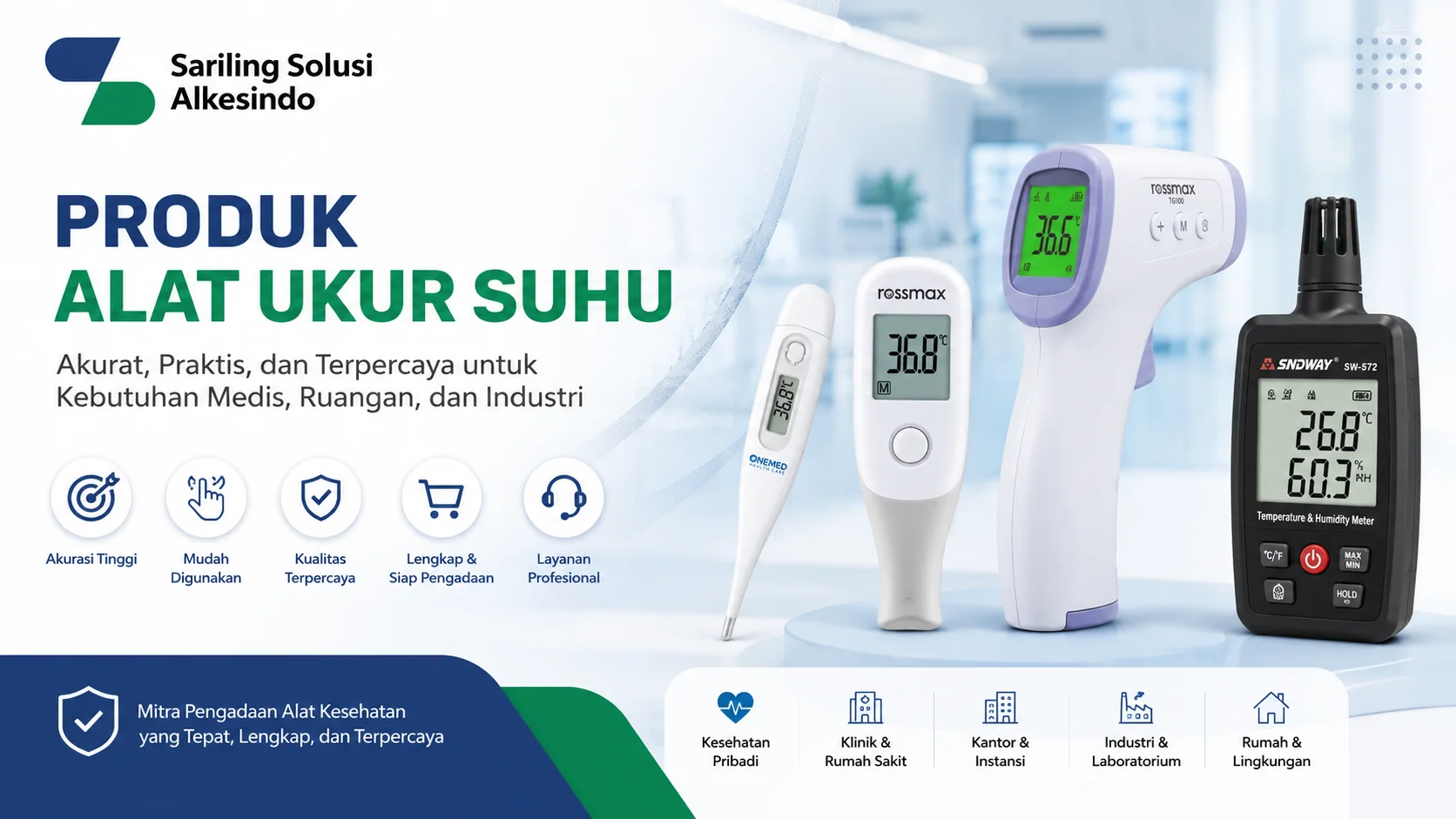Banner produk alat ukur suhu medis dengan termometer digital, infrared gun, dan hygrometer dari Sariling Solusi Alkesindo