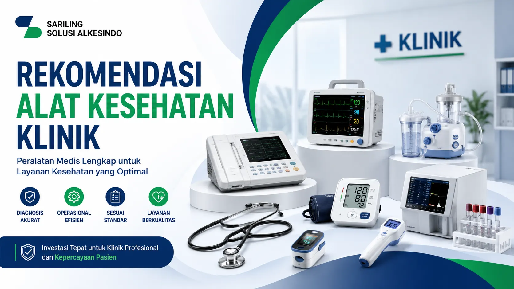 Banner rekomendasi alat kesehatan klinik dengan ilustrasi EKG, patient monitor, nebulizer, tensimeter, pulse oximeter, dan alat laboratorium untuk mendukung layanan medis profesional.