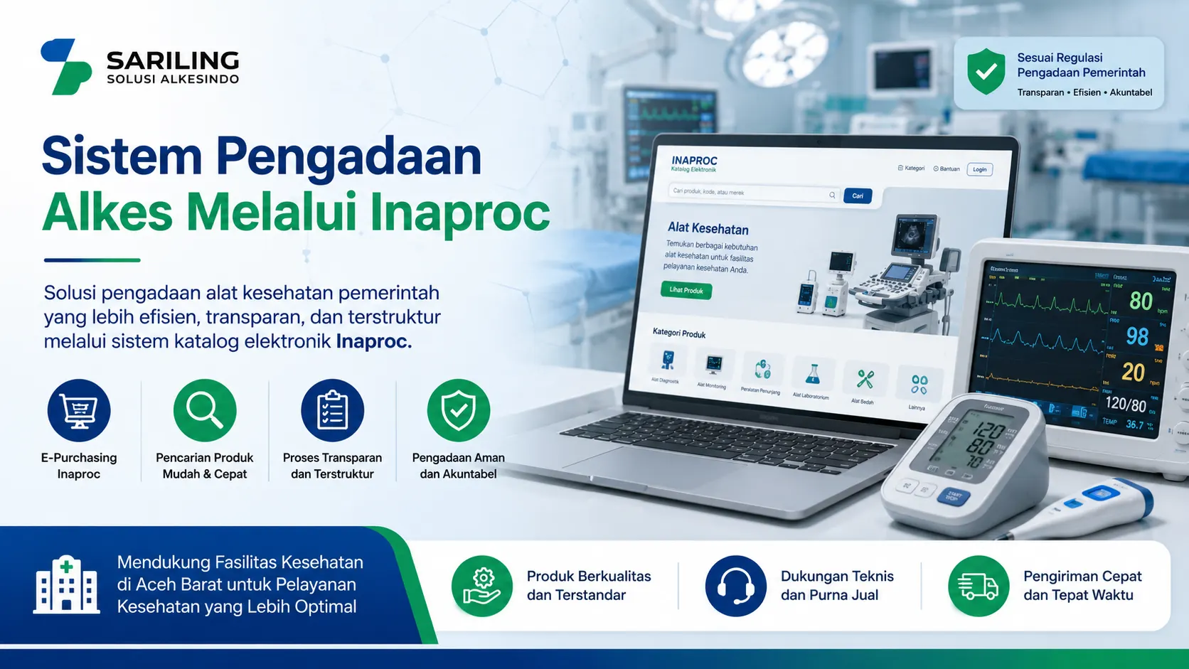 Banner sistem pengadaan alkes melalui Inaproc dengan platform e-katalog alat kesehatan, monitor pasien, dan tensimeter digital untuk mendukung pengadaan alat kesehatan pemerintah di Kabupaten Aceh Barat.