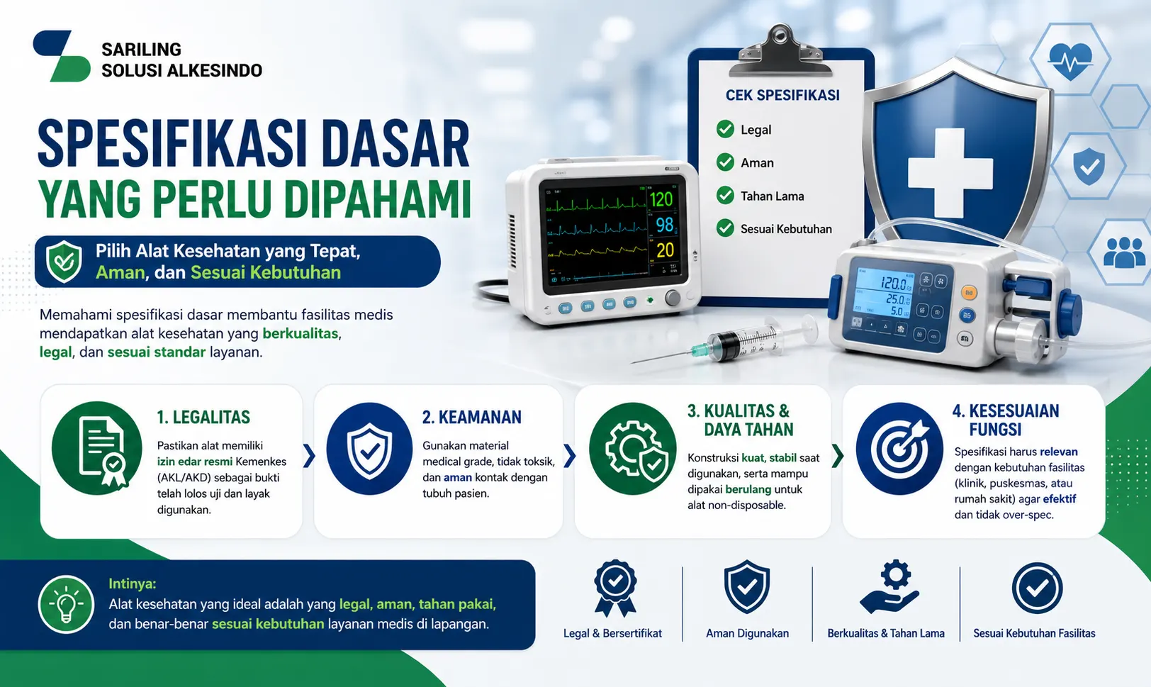 Banner spesifikasi dasar alat kesehatan dengan ilustrasi patient monitor, syringe pump, clipboard pemeriksaan, dan ikon keamanan untuk mendukung pemilihan alat medis yang tepat.