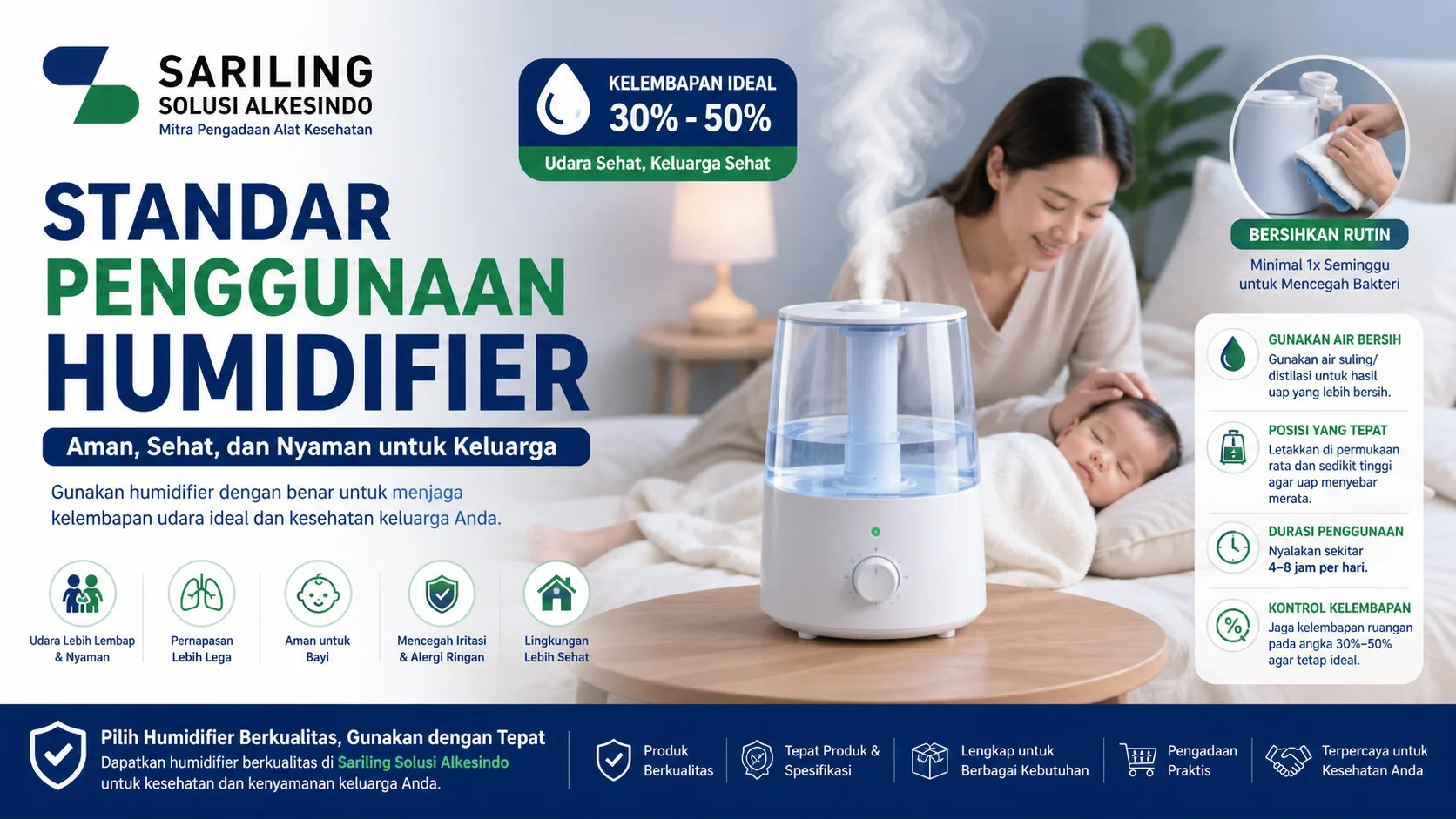 Infografis standar penggunaan humidifier dari Sariling Solusi Alkesindo menampilkan cara penggunaan yang aman, menjaga kelembapan ideal 30–50%, serta tips perawatan untuk kesehatan keluarga dan bayi
