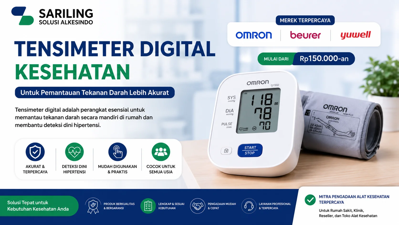 Feature image tensimeter digital kesehatan dari Sariling Solusi Alkesindo menampilkan alat ukur tekanan darah digital Omron dengan desain profesional bernuansa biru hijau, lengkap dengan informasi pemantauan tekanan darah akurat untuk rumah sakit, reseller, dan toko alat kesehatan
