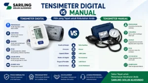 Infografis perbandingan tensimeter digital dan manual dari Sariling Solusi Alkesindo dalam format 16:9 menampilkan perbedaan penggunaan, akurasi, fitur, dan cara kerja alat ukur tekanan darah digital otomatis dengan tensimeter manual lengkap dengan stetoskop untuk kebutuhan medis dan kesehatan rumah.