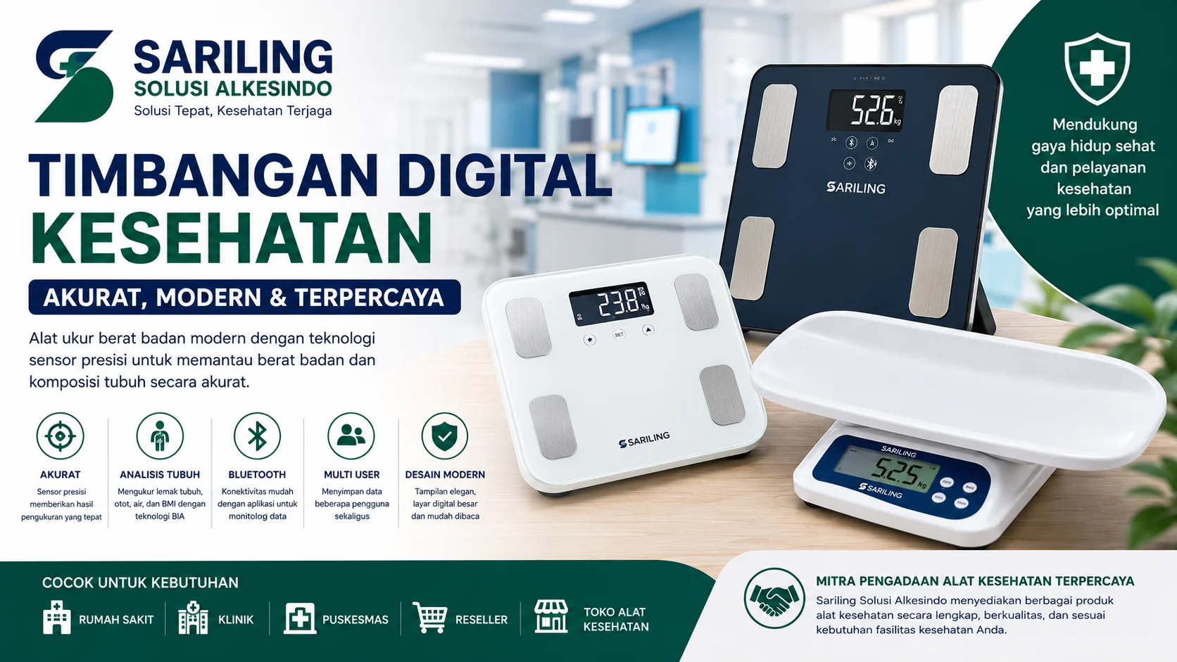 Feature image timbangan digital kesehatan dari Sariling Solusi Alkesindo menampilkan timbangan BMI modern, timbangan badan digital, dan timbangan bayi elektronik dengan desain profesional bernuansa hijau biru ukuran 16:9 untuk rumah sakit, klinik, puskesmas, reseller, dan toko alat kesehatan.