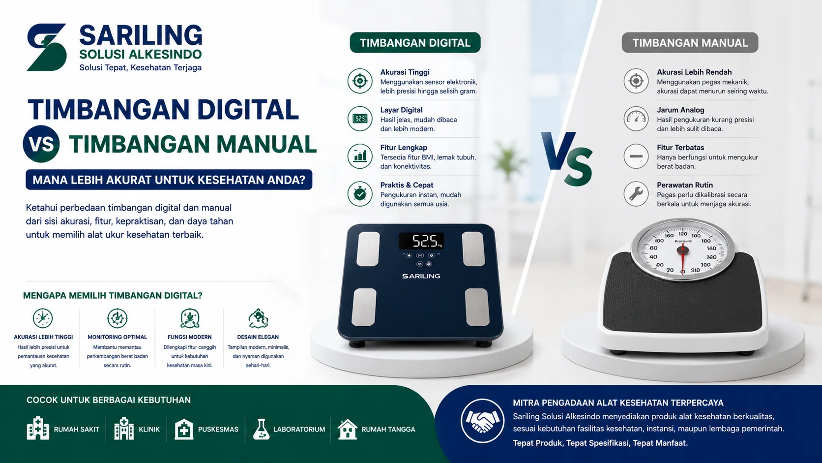 Feature image perbandingan timbangan digital vs timbangan manual dari Sariling Solusi Alkesindo menampilkan timbangan kesehatan digital modern dan timbangan manual analog lengkap dengan penjelasan akurasi, fungsi, dan keunggulan masingmasing dalam desain profesional hijau biru ukuran 16:9 untuk rumah sakit, klinik, dan rumah tangga.