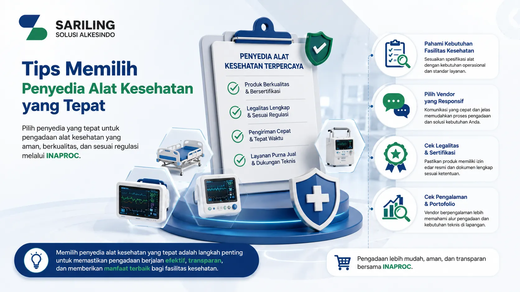Banner tips memilih penyedia alat kesehatan dengan ilustrasi checklist, monitor medis, dan simbol keamanan untuk pengadaan melalui INAPROC.