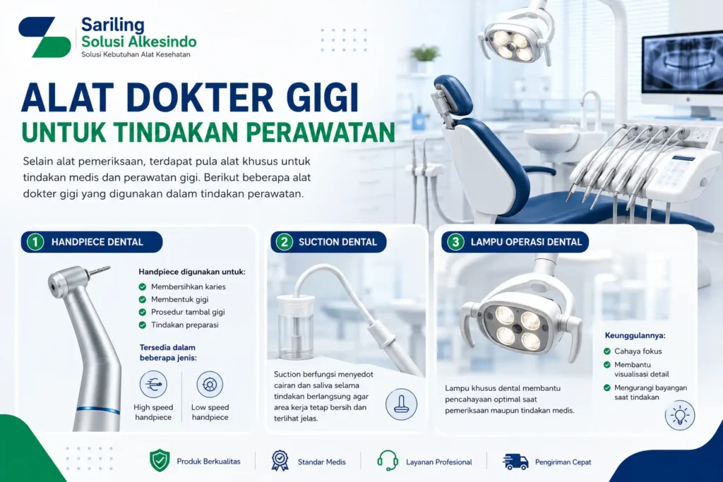 Feature image alat dokter gigi untuk tindakan perawatan seperti handpiece dental, suction dental, dan lampu operasi oleh Sariling Solusi Alkesindo