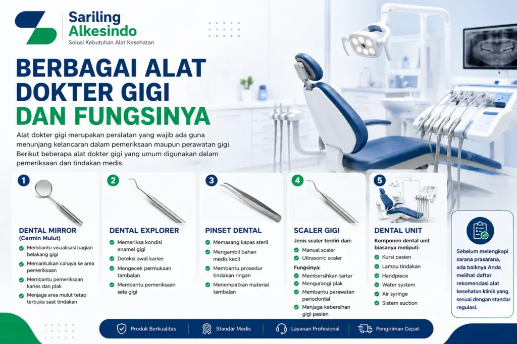 Infografis berbagai alat dokter gigi dan fungsinya lengkap dengan dental unit oleh Sariling Alkesindo