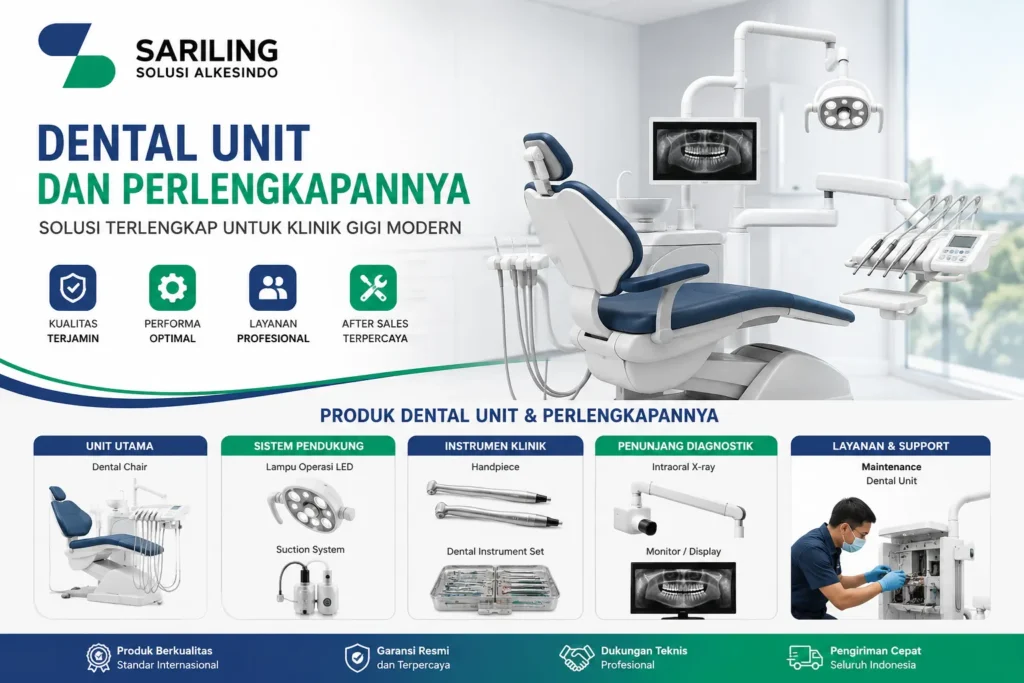 Feature image promosi Dental Unit dan perlengkapannya dari Sariling Solusi Alkesindo menampilkan kursi dental modern, lampu operasi, monitor X-ray, handpiece, suction system, serta layanan maintenance untuk klinik gigi modern.