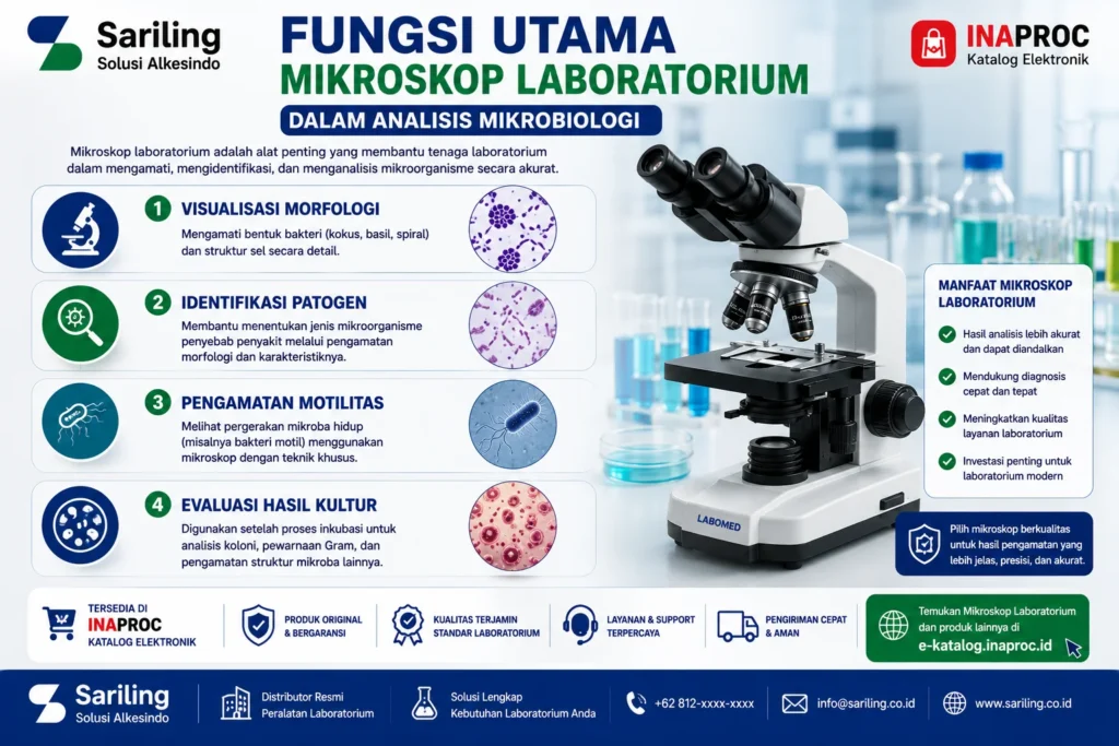Fungsi utama mikroskop laboratorium dalam analisis mikrobiologi meliputi visualisasi morfologi bakteri, identifikasi patogen penyebab penyakit, pengamatan motilitas mikroba hidup, serta evaluasi hasil kultur untuk mendukung diagnosis dan penelitian laboratorium