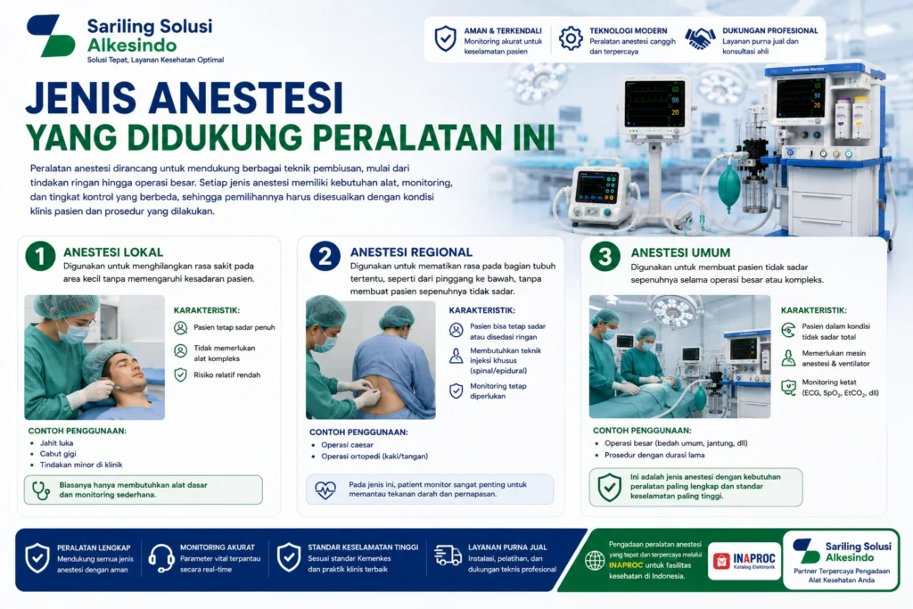 Jenis anestesi yang didukung peralatan anestesi meliputi anestesi lokal, anestesi regional, dan anestesi umum dengan dukungan mesin anestesi, patient monitor, ventilator medis, serta sistem monitoring untuk keselamatan pasien dari Sariling Solusi Alkesindo.