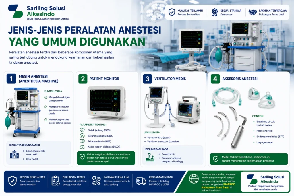 Jenis-jenis peralatan anestesi yang umum digunakan di rumah sakit dan klinik meliputi mesin anestesi, patient monitor, ventilator medis, serta aksesoris anestesi seperti breathing circuit, mask anestesi, endotracheal tube (ETT), dan laryngoscope dari Sariling Solusi Alkesindo.