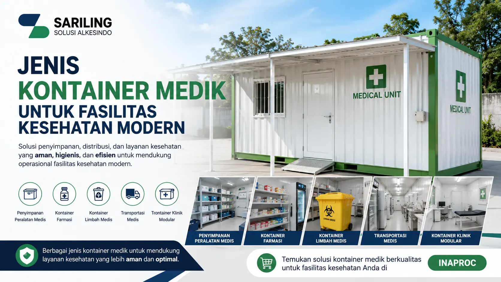 Jenis kontainer medik untuk fasilitas kesehatan modern yang digunakan sebagai klinik modular, ruang medis, dan sarana pendukung layanan kesehatan yang aman dan efisien.
