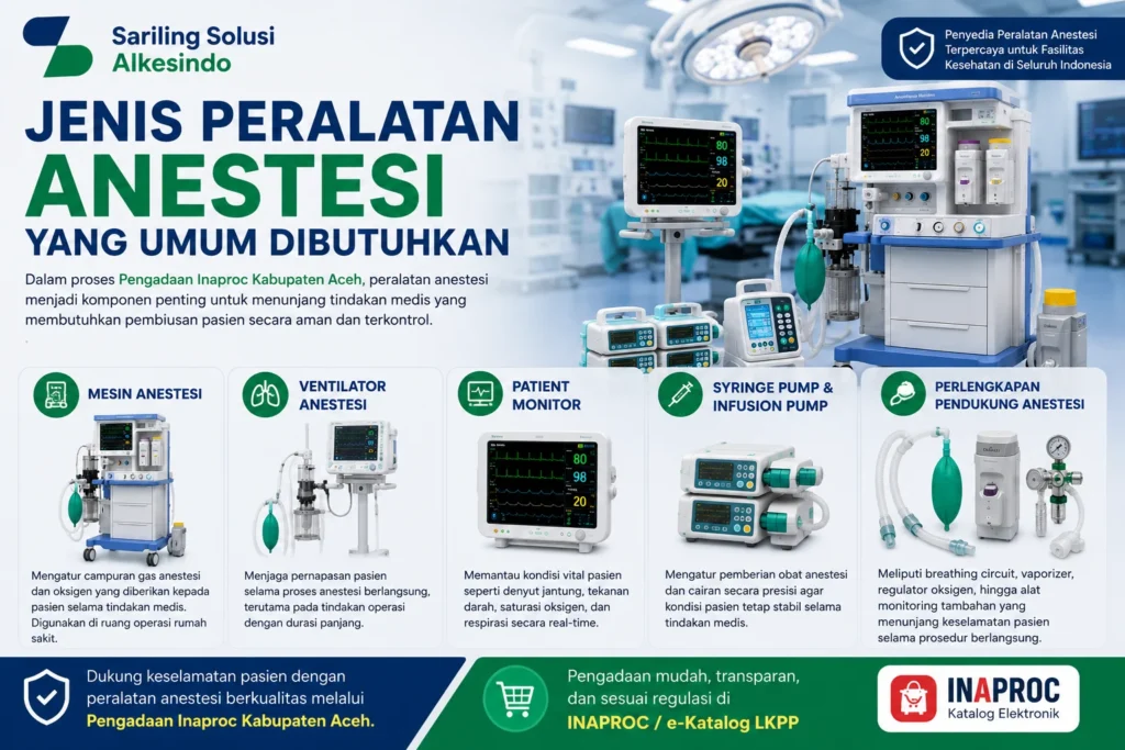 Jenis peralatan anestesi yang umum dibutuhkan dalam pengadaan INAPROC Kabupaten Aceh meliputi mesin anestesi, ventilator anestesi, patient monitor, syringe pump, infusion pump, dan perlengkapan pendukung anestesi dari Sariling Solusi Alkesindo.