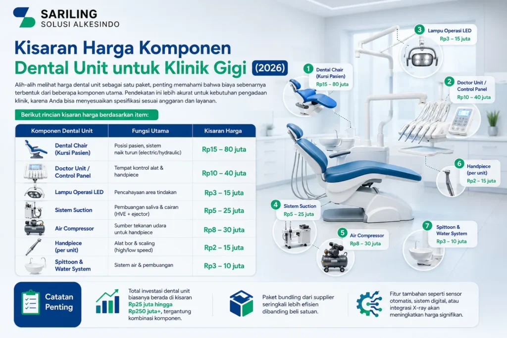 Infografis kisaran harga komponen dental unit untuk klinik gigi tahun 2026 dengan logo Sariling Solusi Alkesindo, menampilkan dental chair modern serta tabel harga dental chair, control panel, lampu operasi LED, suction system, air compressor, handpiece, dan spittoon water system