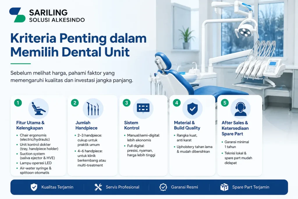 Infografis kriteria penting dalam memilih dental unit dengan logo Sariling Solusi Alkesindo, menampilkan dental chair modern serta poin fitur utama, jumlah handpiece, sistem kontrol, material build quality, dan after sales spare part.