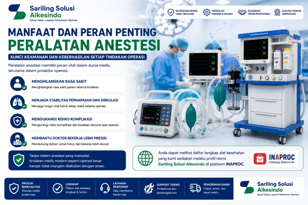 Manfaat dan peran penting peralatan anestesi dalam prosedur operasi meliputi menghilangkan rasa sakit pasien, menjaga stabilitas pernapasan dan sirkulasi, mengurangi risiko komplikasi, serta membantu dokter bekerja lebih presisi dengan dukungan peralatan anestesi dari Sariling Solusi Alkesindo.