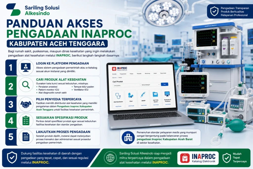 Panduan akses Pengadaan INAPROC Kabupaten Aceh Tenggara untuk pengadaan alat kesehatan meliputi login platform, pencarian produk medis, pemilihan vendor terpercaya, pengecekan spesifikasi, dan proses transaksi pengadaan bersama Sariling Solusi Alkesindo.