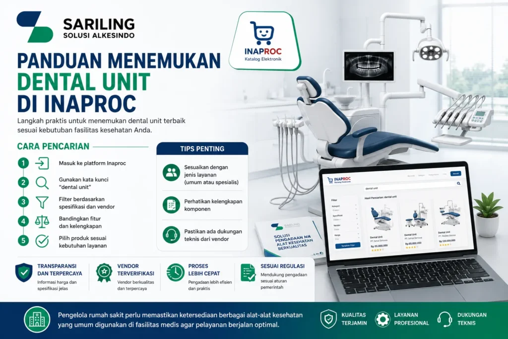 Feature image panduan menemukan dental unit di Inaproc dari Sariling Solusi Alkesindo menampilkan dental chair modern, platform pencarian Inaproc di laptop, langkah pencarian produk, tips memilih dental unit, serta informasi pengadaan alat kesehatan untuk rumah sakit dan klinik