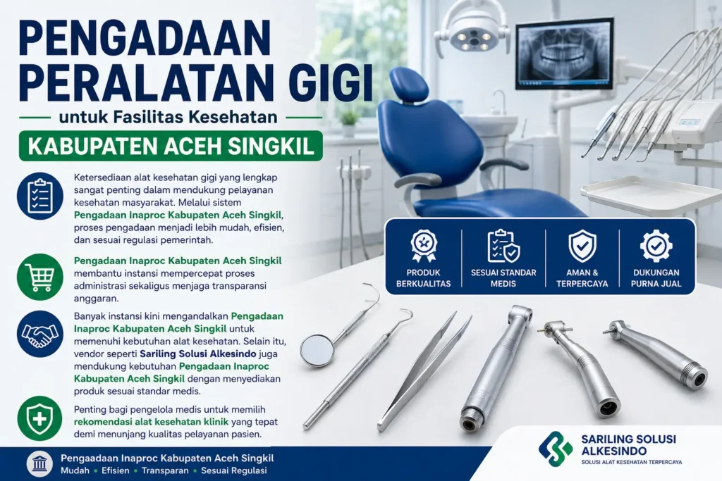 Pengadaan peralatan gigi untuk fasilitas kesehatan Kabupaten Aceh Singkil melalui Inaproc dengan dukungan alat kesehatan gigi lengkap sesuai standar medis.