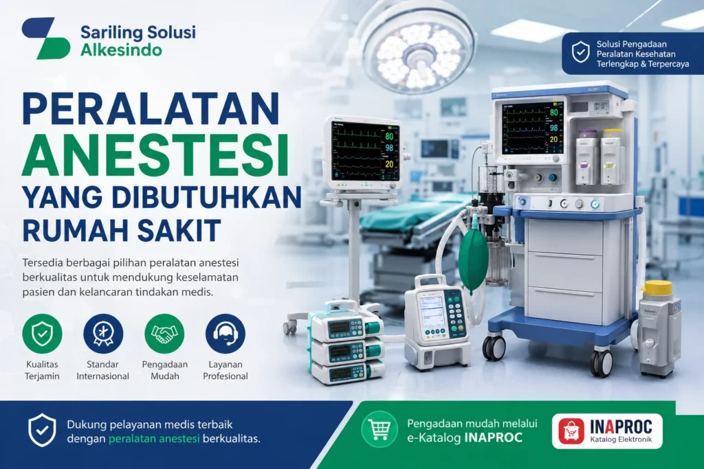 Peralatan anestesi rumah sakit melalui INAPROC dari Sariling Solusi Alkesindo meliputi mesin anestesi, ventilator anestesi, patient monitor, syringe pump, dan vaporizer untuk kebutuhan ruang operasi dan ICU.
