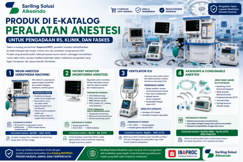 Produk e-katalog peralatan anestesi untuk pengadaan rumah sakit, klinik, dan fasilitas kesehatan meliputi mesin anestesi, patient monitor, ventilator ICU, serta aksesoris dan consumable anestesi melalui INAPROC bersama Sariling Solusi Alkesindo.
