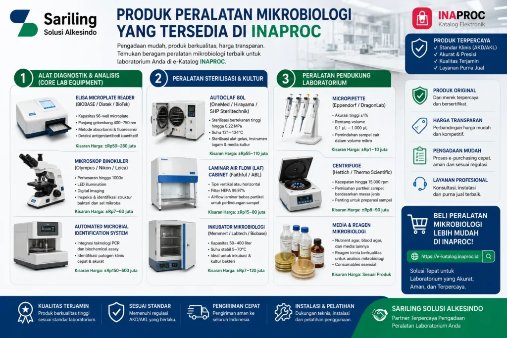 Produk peralatan mikrobiologi yang tersedia di Inaproc dari Sariling Solusi Alkesindo meliputi ELISA microplate reader, mikroskop binokuler, autoklaf, laminar air flow, inkubator mikrobiologi, micropipette, centrifuge, dan media reagen laboratorium.