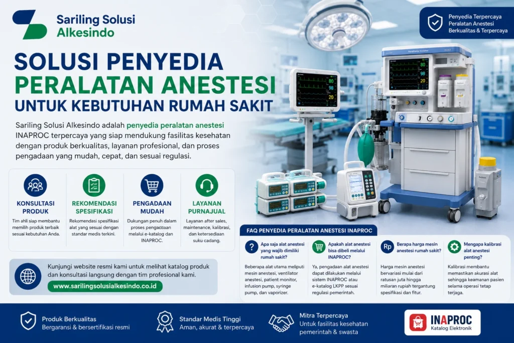Solusi penyedia peralatan anestesi rumah sakit melalui INAPROC dari Sariling Solusi Alkesindo dengan layanan konsultasi produk, rekomendasi spesifikasi, pengadaan e-katalog, dan dukungan after sales alat kesehatan.